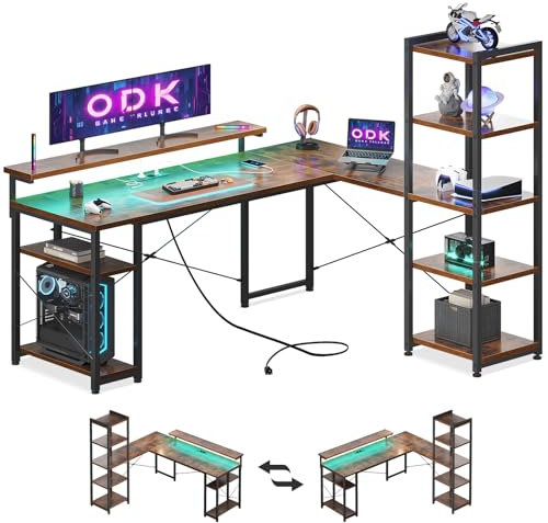 ODK Bürotisch Gaming Tisch Vintage Braun 155x140cm, Eckschreibtisch L-Form mit LED & Massivholz-Optik, Gaming Schreibtisch mit 2 Steckdosen + USB, Integrierte Ablagen Monitorständer in Vintage Braun