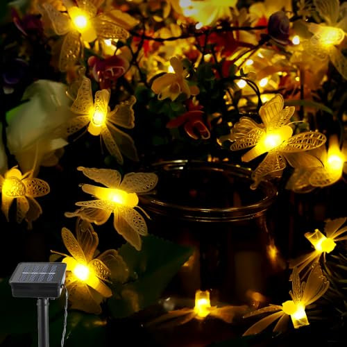 Asfrode 5 Meters 20 LED Schmetterlings Lichterketten, Solar warmweiß Lichterkette Schmetterlings Feenlichter für Heimschlafzimmer Innenbereich Garten Hochzeitsfeier Urlaub Sommerdekoration
