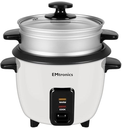 EMtronics EMRCDSTWH1-8 Rice Cooker 1.8 Litre with Automatic Cooking, Steamer Tray and Warmer Function with Removable Non-Stick Bowl, Measuring Cup and Spatula 700W - White
