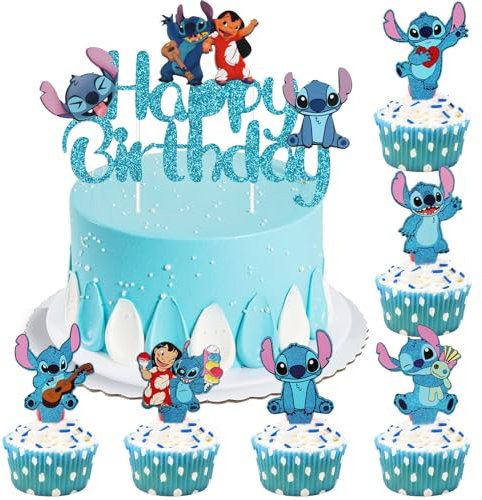 Powmag Stitc Kuchen Deko, 25 Stück Lilo und Stitc figuren Tortendeko Geburtstag, Cupcake Toppers Geburtstagsdeko Torten Deko Junge Mädchen für Kinder Kuchendekoration