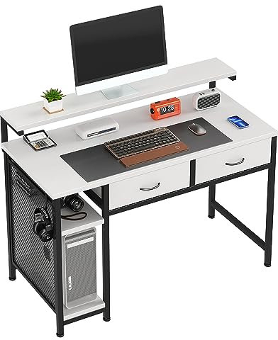 CAIYUN 100cm White Computer Desk With Drawers, Shelves, Adjustable Monitor Stand, Storage, Wooden Home Office Study Table, PC Work Desk