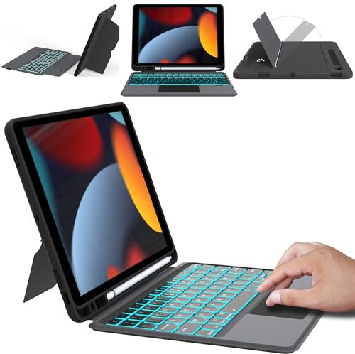VANKEYPAD Coque clavier pour iPad 9e 2021/8e 2020/7ème 2019 Génération 10.2/Air 3/iPad Pro 10.5 : Boîtier de clavier amovible rétroéclairé 7 couleurs - AZERTY Clavier à pavé tactile avec Pot à stylos