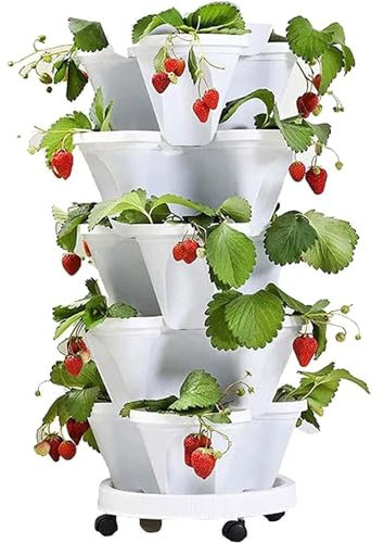 Générique Vertical Jardin Tour Planteur de Fraise Empilable Tour à Fleurs Multicouche Combinaison Verticale Planteur d'herbes à Quatre pétales Pot de Fleur en Plastique avec Plateau,D,5pcs