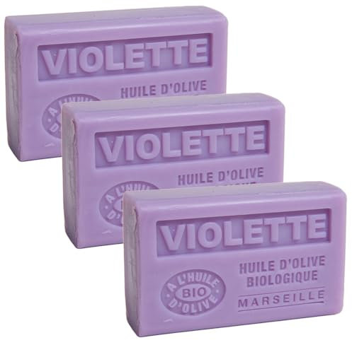 Label Provence Nature Savon de Marseille - Nourishing French Soap Made With Pure Organic Olive Oil and Shea Butter - Violet Fragrance - 125 Gram Bar - Set of 3