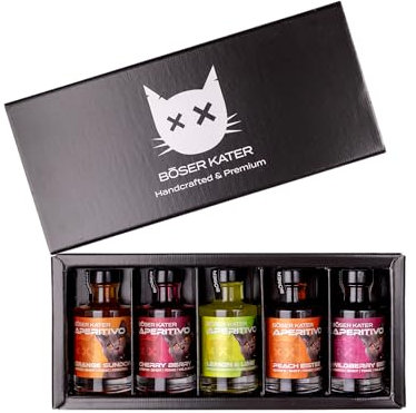 BÖSER KATER Aperitivo Tasting Set | 5 fruchtige Geschmacksrichtungen | Aperitif Likör | Ideal als Spritz oder Tonic Cocktail | Perfekte Geschenkidee | 5x 0,1l 15% Vol.