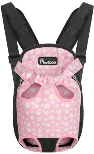Pawaboo Verstellbarer Haustier-Rucksack, Tragbare Hundetragetasche Legs Out Rucksäcke, Atmungsaktive Tasche für kleine mittelgroße Katzen Hunde Welpen, M, Schwarz/Rosa Gänseblümchen