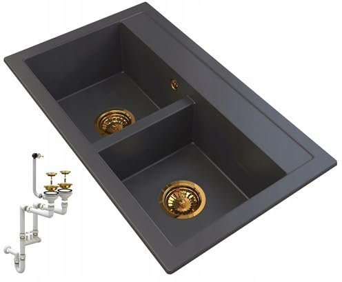 Granitan - Doppelwaschbecken Siphon aus Granit - 75,6 x 44,7 cm - 2 Kammern - Schwarz - Temperatur- und Kratzbeständig - Hygienisch zertifiziert