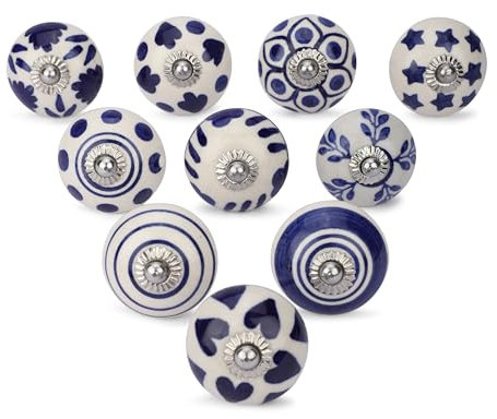 Ajuny Pomos de cerámica azul y blanca, pintados a mano, diseño floral, para armarios de cocina, muebles de baño, cómodas, cajones y aparadores, tiradores decorativos de cerámica artesanal, set de 10
