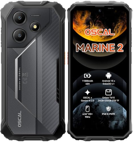 OSCAL Marine 2 Rugged Smartphone (2025),11000mAh(18W) Rugged Phone Unlocked, Android 15 Gaming Phone,24(8+16)GB+256GB/2TB Expand,Gemini AI,IP69K Protection, NFC,6.56 HD,90HZ,Dual SIM/1TF Slots,Black