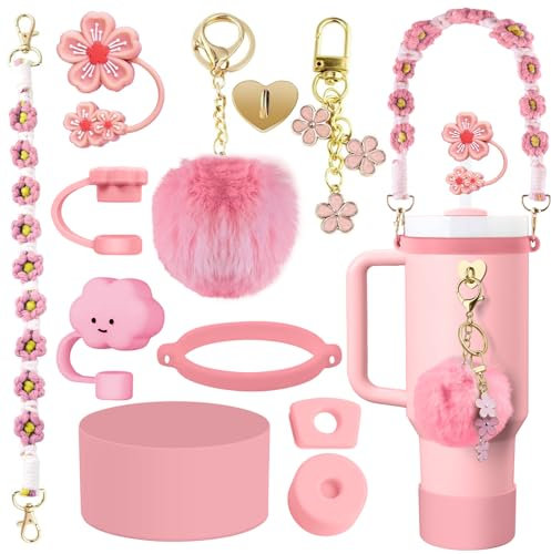 Stanley Cup Accessoires Rose, 11 Pièces Accessoire Stanley Cup Anti Fuite Compatible avec Stanley Cup 1,2l & 850ml, Couvercles de Paille pour Tasse Stanley, Bande Antidérapante pour Bouteille d'Eau