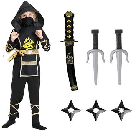 ELINA Costume de Ninja, Disfraz de Ninja para Niños con Cintas y Plástico Espada,Dardos y Bayoneta para Fiesta de Halloween, Carnaval y Cosplay