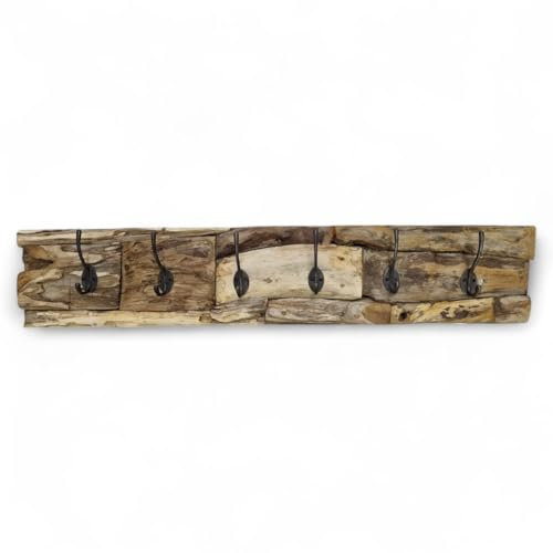 Kinaree Wurzelholz Baumstamm Garderobe mit 6 Haken - Wandgarderobe aus Teakholz - Rustikale Garderobenleiste Handarbeit - Bali Möbel aus Indonesien - 90 cm Massivholz