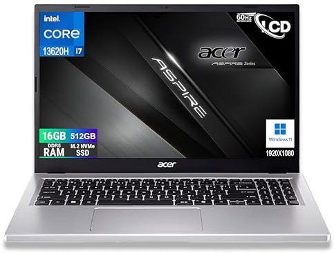 acer Notebook Aspire Silver Intel Core i7-13620H 13Th Raptor Lake, 10Core, Display FullHD 15,6, RAM 16Gb DDR5 5200Mhz, SSD PCIe NVMe 512 Gb, Wi-Fi6, BT, 2 usb, 2 USB type-c, Windows 11, Configurato