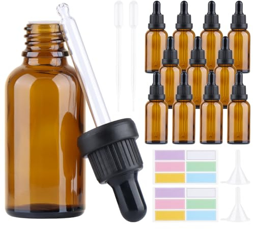 iulrtba 12Pcs 30ml Amber Glass Dropper Bottle Dropper Bottles Refillable | Amber Glass Dropping Bottle with 2 Plastic Droppers 2 Small Funnels 12 Stickers, for Essential Oil Aromatherapy Perfumes