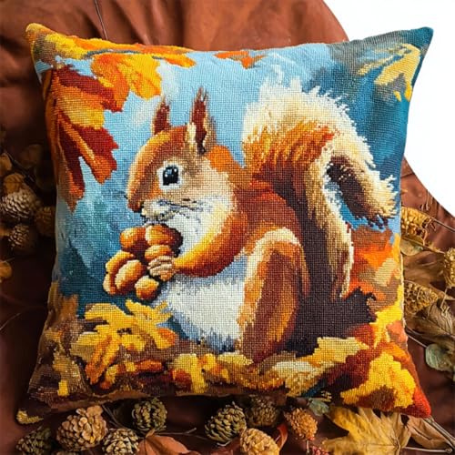 Kitquiver Knüpfen Set Anfänger Eichhörnchen Tier Häkel-Handarbeiten Mit Knüpfwerkzeug Für Erwachsene,Diy-Kissen-Sets Für Heimdekoration 43x43cm