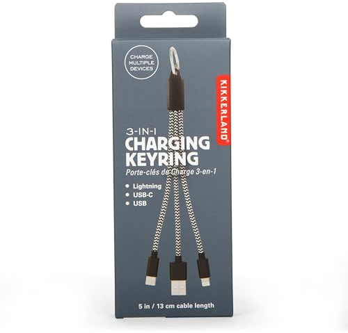 Kikkerland 3-in-1 Charging Keyring – Travel Cable with USB, USB-C, & Lightning Ports – Portable Keychain Charger for Multiple Devices