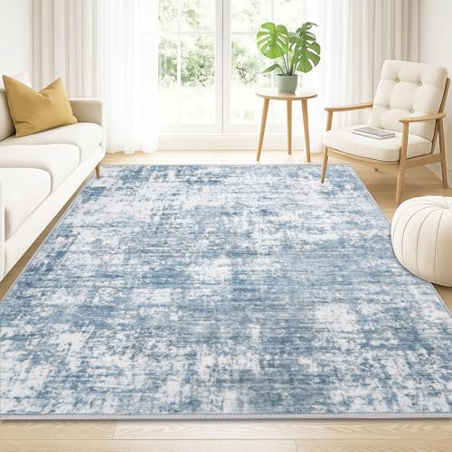 Haoyunll Waschbare Kurzflor Teppiche Wohnzimmer Blaugrau, 140x200 cm | Moderner abstrakter teppich mit rutschfester unterseite, pflegeleichter kunstwollteppich für schlafzimmer