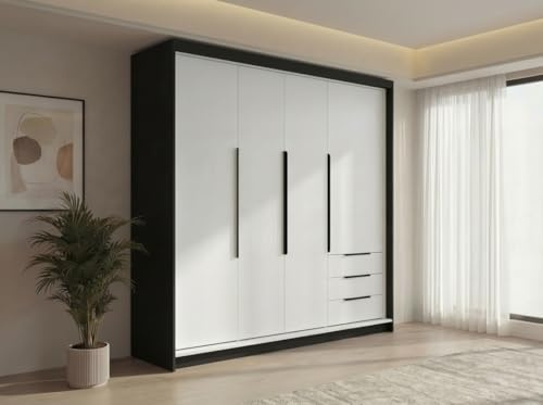 A&J MöbelLand KLARI Kleiderschrank 4-türig mit 3 Schubladen – 200 x 215 cm – Drehtürenschrank mit Kleiderstange und Einlegeböden