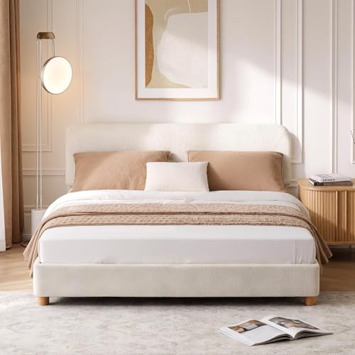 Double Boucle Bed Frame, Cloud Upholstered Platform Bed, Cream White | Adjustable Headboard, Sturdy Wood Legs, Rounded Corners, Easy Assembly