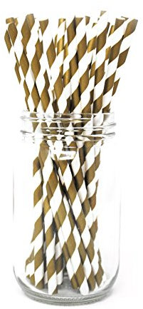 MANY STYLES AVAILABLE Paper Drinking Straws [Pack of 25] Striped, Polka Dot (Dotted) or Chevron perfect for Birthday Parties, Weddings, Christmas Decorations by Picture Perfect Party ® (Gold Striped)