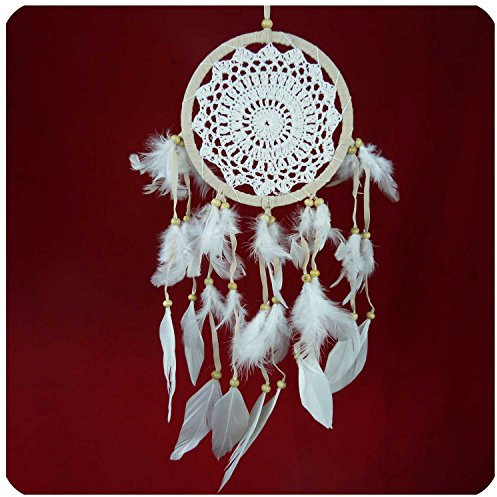 Simandra Original handgefertigter Traumfänger – gehäkelt – hängender Dreamcatcher aus natürlichen Materialien handgefertigt ca. 48 cm lang, Durchmesser größter Ring 16 cm – Mdel 2