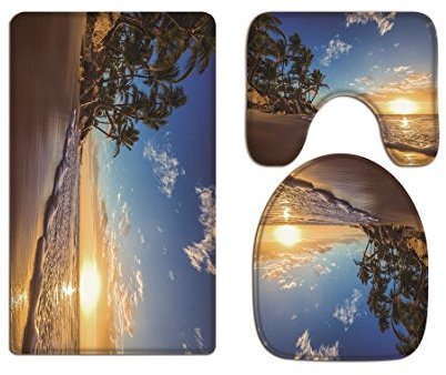 A.Monamour Badezimmer Badematte 3 Teilig Set Set Zeit Tropische Insel Palme Blau Ozean Meer Strand Meer Weich Wc Sitzbezüge Flanell Saugfähig Badteppiche Badvorleger Badgarnitur WC Vorleger