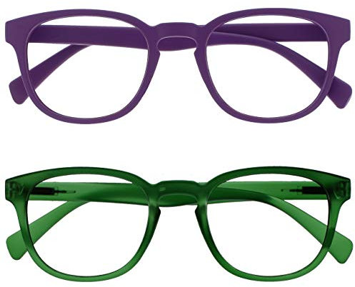 OPULIZE Pop Lesebrille 2er Pack Keck Rund Matt Rahmen Federscharniere Kratzfest Lila Grün Herren Damen RR2-56 +1.00