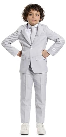 OppoSuits Groovy Grey Einfarbiger Anzug für Jungen - Abschlussball- und Hochzeitsfeier-Outfit - Inklusive Blazer, Hose und Krawatte - Grau