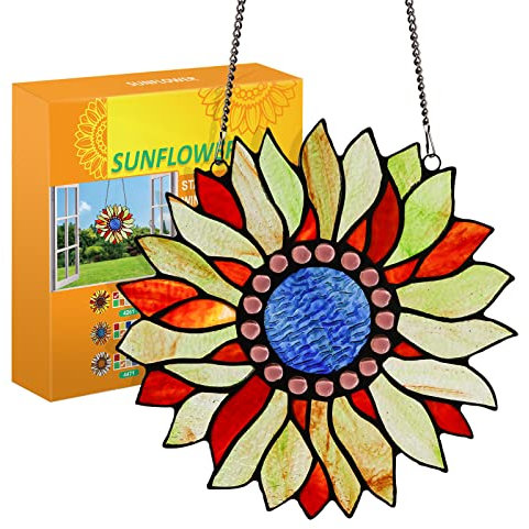 Capulina Buntglas-Fensterbehang, Tiffany, handgefertigt, Buntglas-Fenster-Panel, grün-rote Sonnenblumen, Buntglas-Fensterbehandlungen mit Kette – abstrakte Kunst Stil
