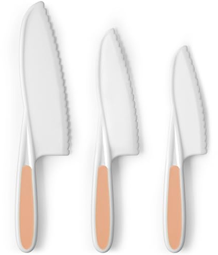 Zulay 3-Piece Kids Knife Set for Real Cooking & Baking - Toddler Knives for Cutting Fruits, Veggies, & Cake - Children’s Montessori Knife with Serrated Edges - Safe & Fun Lettuce Knife (Peach)