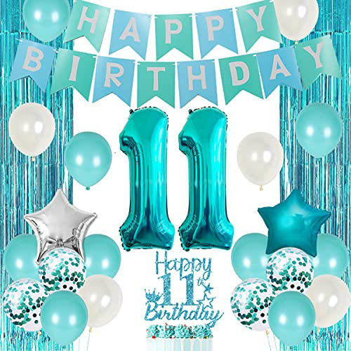11. Geburtstag Dekorationen für Mädchen Blaugrün - Happy 11th Birthday Dekorationen Elfter Kuchen Topper Blaugrün Fransenvorhang Türkis Banner Nummer 11 Folienballon 11 Jahre alt Mädchen Party Dekor