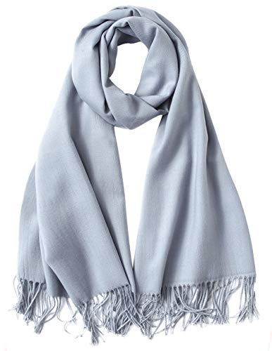 MaaMgic Schal Damen Warm Winter Herbst unifarben Baumwolle mit quasten/fransen, 40+ Farben Einfarbig & Kariert Pashmina xl Stola Schals MEHRWEG,Hell Grau 2