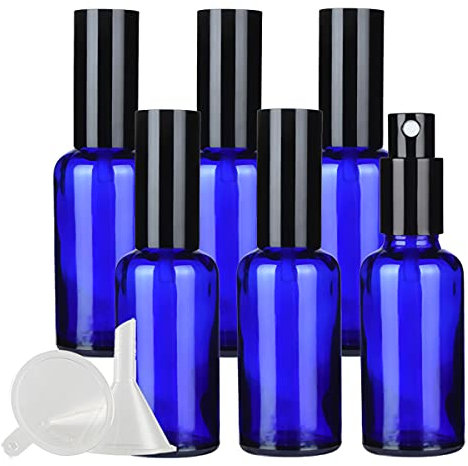 ZEOABSY 6 Pcs 50ml Empty Blue Glass with Fine Mist Spray Bottles Travel Portable Small Refillable Sprayer Bottles with Black Pump Head for Cosmetic Perfume Containers, with 2X Funnel