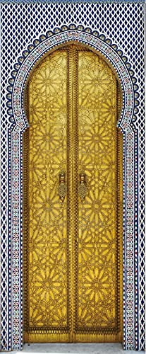 A.Monamour Türtapete Selbstklebend Türfolie Türposter 3D Goldene Tür des Königs Palastes Mit Mosaikfliesen In Fez Marokko Vinyl Folie Türdeko Tapete Wandbild Türaufkleber Türtattoo 95 x 215 cm