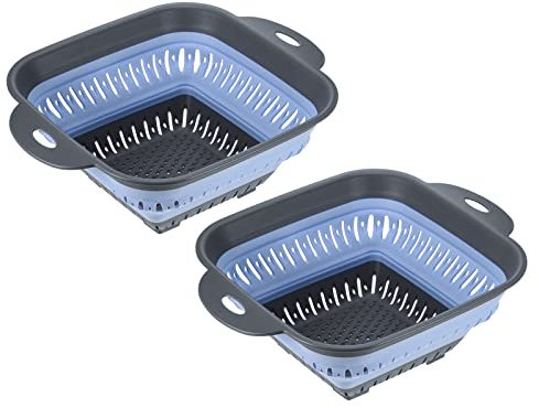 sourcing map Juego de coladores plegables de 2 piezas, coladores plegables cuadrados de 3 cuartos y coladores con asas extensibles, cesta de lavado de verduras de cocina, color azul