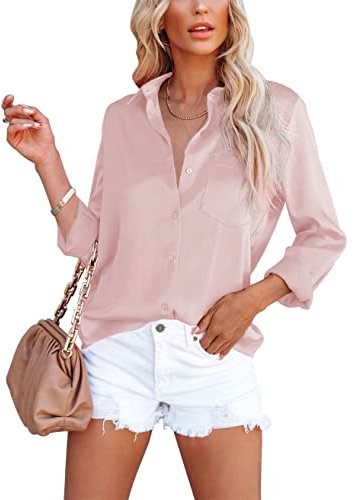 Homlan - Camicia da donna elegante con scollo a V, in raso, a maniche lunghe, casual, con tasca sul petto, Colore: rosa., XL