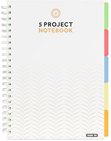 VABE UK A4 Project Notebook - 5 Dividers - 200 Pages (100 sheets) - 100gsm White Ruled Paper - Thick Matte Laminated Cover. (White)