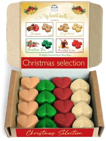 WEIHNACHTSWACHSSCHELZEN - 16 x 5g Herzförmige Wachsschmelzen stark duftende Xmas Selection Zimt Lebkuchen Glühwein Kiefer Weihnachtsbaum in Weihnachtsgeschenkbox, eine Kerzenalternative