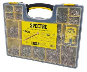 SPECTRE ORGANISER PRO 1200 ASSORTED ADVANCED MULTI-PURPOSE GOLD WOOD SCREW SET CHIPBOARD SCREWS POZIDRIVE IN PLASTIC BOX MIXED TRAY GENERAL PURPOSE WOODSCREWS TRADE PACK + 2 PZ2 BITS