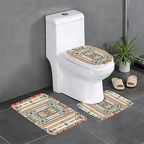 OTRAHCSD 3-teiliges Badteppich-Set, geometrische Folklore-Ornament für Keramik-Badteppich, Badematte + Konturmatte + WC-Deckelbezug mit rutschfester selbstklebender Unterseite