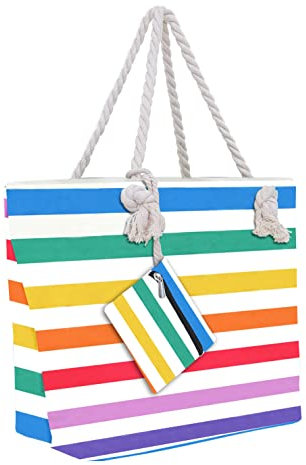MULTIONS Strandtasche, große wasserdichte Strandtasche mit Reißverschluss oben, faltbare Strandtaschen für Gym Lebensmittelgeschäft Reisen mit nassen Tasche (Multicolor Stripe,XL)