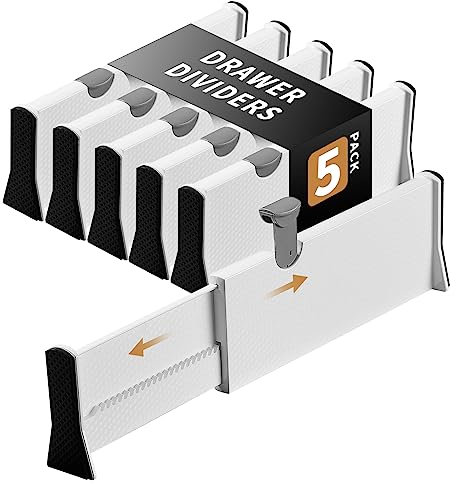 Cinnani Schubladentrenner Verstellbar, 5er-Set Schubladenteiler, Schubladeneinteiler Kunststoff, Schubladen Organizer Schubladen Trennsystem für Küche, Schrank, Kommode, Schlafzimmer, Badezimmer, Büro