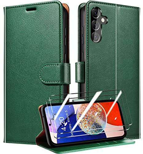 QHOHQ Tenphone Coque pour Samsung Galaxy A14 4G / 5G + 2 Pièces Verre Trempé, Etui Protection Housse Premium en Cuir PU, Antivol, Fermeture Magnétique Flip Case - Vert