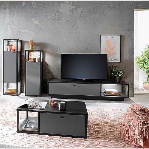Wohnzimmermöbel Set Wohnwand grau 4-teilig Modern mit anthrazit, 2 Highboards, 1 Lowboard, 1 Couchtisch