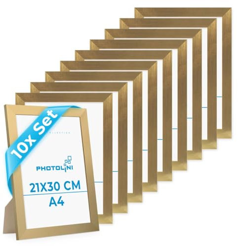 PHOTOLINI Bilderrahmen A4 Holz MDF Gold, breiter DIN A4 Bilderrahmen 10er Set 21x30 gold, Rahmen 21x30 din a 4 mit Acrylglas, picture frame zum Aufhängen & Aufstellen, Bilder Rahmen 30x21 mit Zubehör