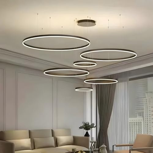 YYUTLUO Moderner DIY-Kreis-LED-Kronleuchter | 5 Schwarz Goldringe:20+40+60+80+100cm=130W LED-Pendelleuchte aus Metall+Acryl 2,4 G Dimmbare Fernbedienung Runde Decken-Hängelampe Wohnzimmer Schlafzimmer