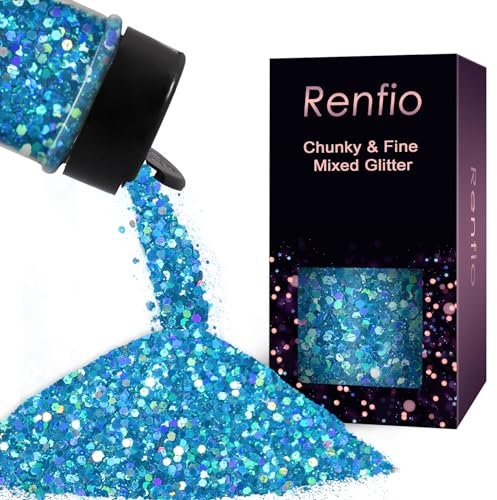 Renfio Holographic Glitter, 2.11oz/60g Medium Chunky and Ultra Fine Glitter Mix for Nail Art, Slime, Resin and PET Flakes - Laser Blue