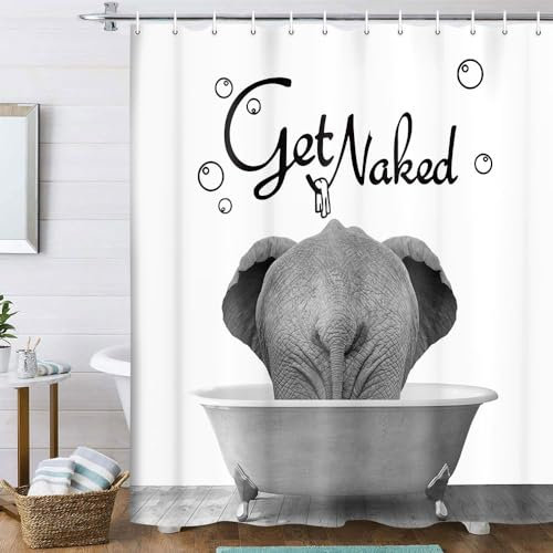 Uokiuki Get Naked Stoff-Duschvorhang, lustiger Elefant, der in der Badewanne badet, Duschvorhang für Badezimmer, niedlicher Badvorhang mit Haken, 175 x 190 cm