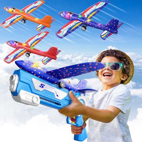 Doloowee Flugzeug Spielzeug, 3 Styroporflieger mit Katapult Spielzeugpistole, Outdoor Spielzeug für Kinder ab 4 Jahre, Geschenk Jungen Mädchen 4 5 6 7 8 9 10 Jahre