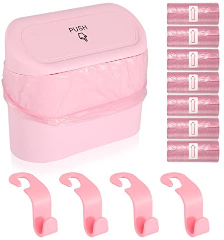 Auto Mülleimer Klein Mini Auto Mülleimer mit Deckel Mülleimer Auto mit 105 Stück Auto Müllsäcke und 4 Stück Autositzhaken Automülleimer Mini Mülleimer für Auto Lagerung und Organisation (Rosa)